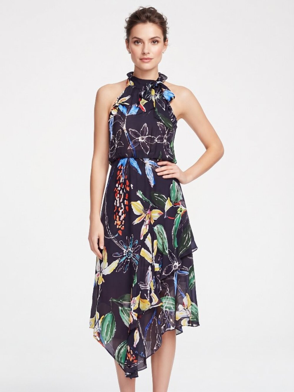 Parker Dress L Cosmic Fleur Silk Floral Sleeveless High Neck Asymmetric Ruffles